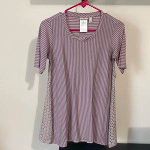 LOGO by Lori Goldstein short sleeve striped and lace top XXS